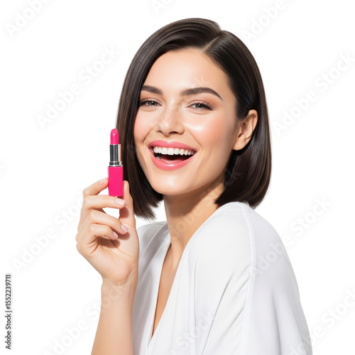 Happy Woman Holding Pink Lipstick on Isolated transparent background png. generated with AI