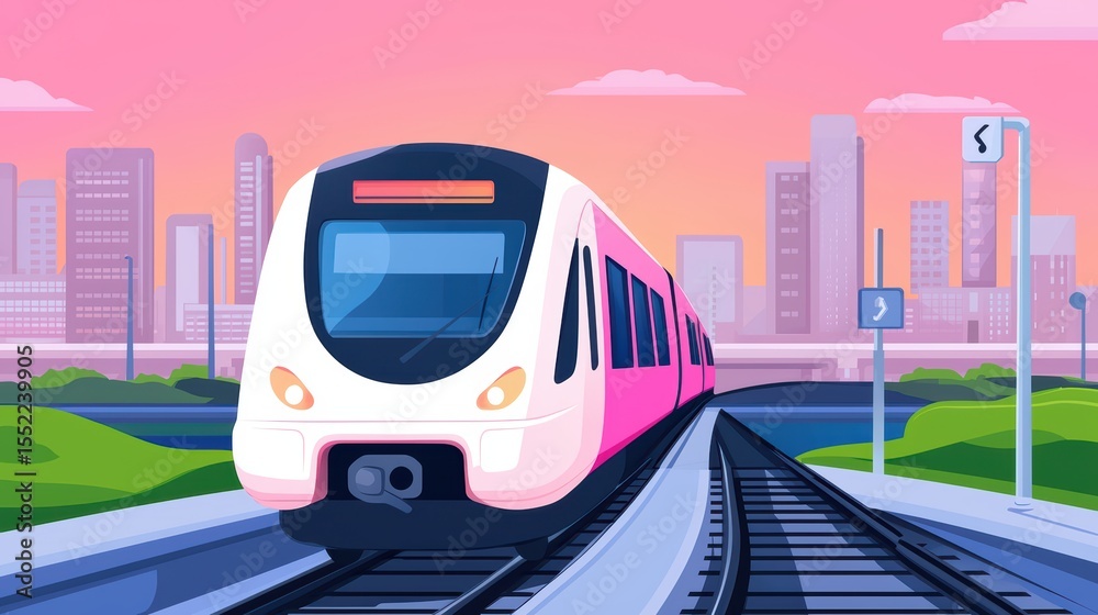 Naklejka premium Modern Train Approaching City Skyline at Sunset with Vibrant Colors and Dynamic Composition in an Urban Setting
