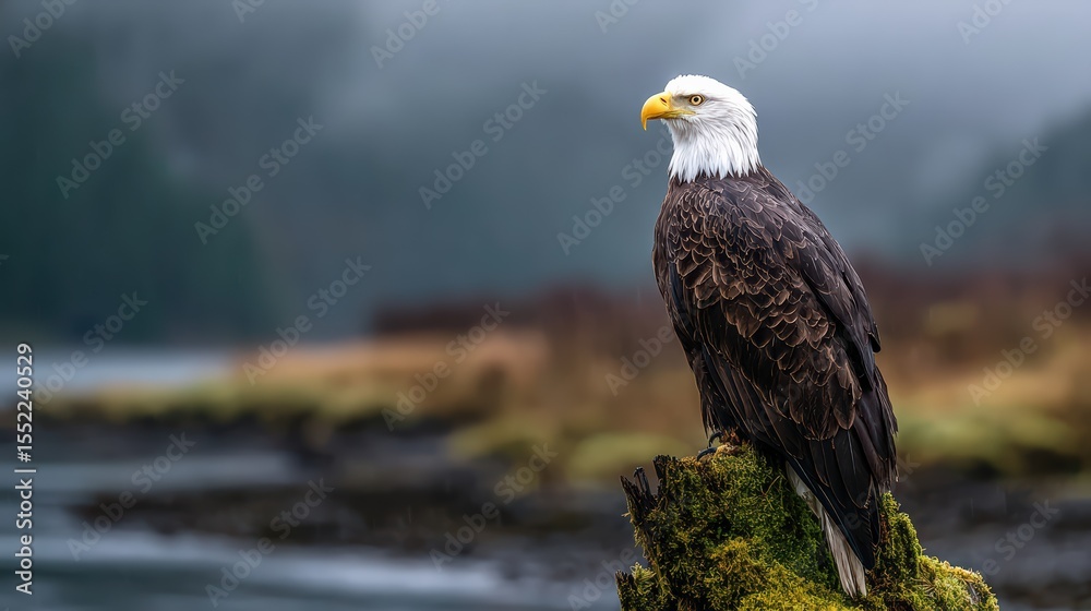 Fototapeta premium Bald Eagle on Mossy Rock in Misty Landscape