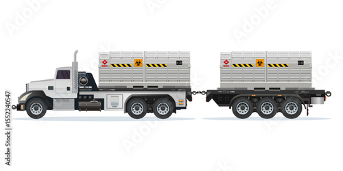 Truck semi trailer with double containers filled with toxic waste, radioactive biological hazard vector illustration