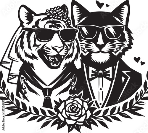 Fox and tiger looking dapper in suits and sunglasses with chain necklaces, stylish animals with an urban look.