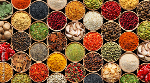 Set of different aromatic spices in bowls on black background, flat lay. Banner design © New Africa