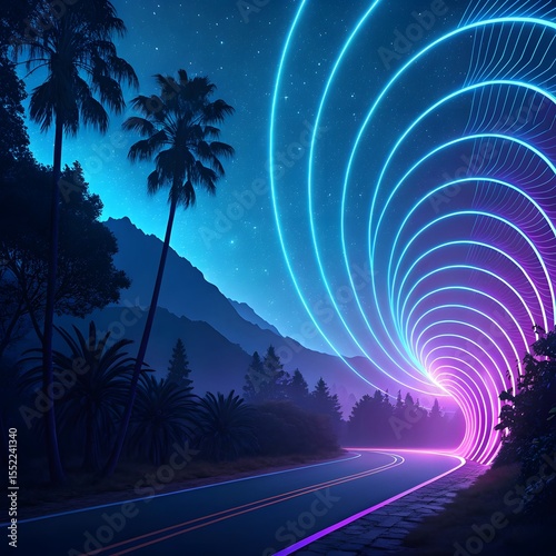 A vibrant night scene with neon light trails swirling across a starry sky over a forested mountain range.