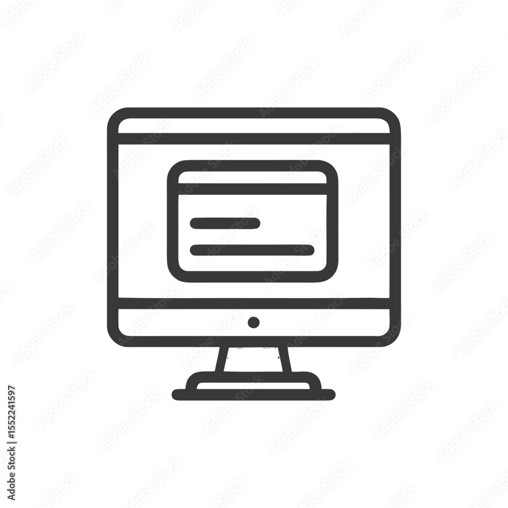 Minimalist Computer Icon with Credit Card Displayed on Screen, Outline Style Minimalist Computer Icon with Credit Card Displayed on Screen, Outline Style