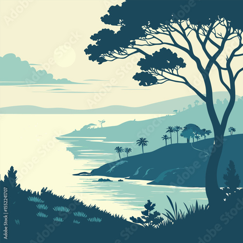 The sky is a gradient of light blue with subtle clouds, the sea is two tones of blue, and the land and trees are stark, dark silhouette.