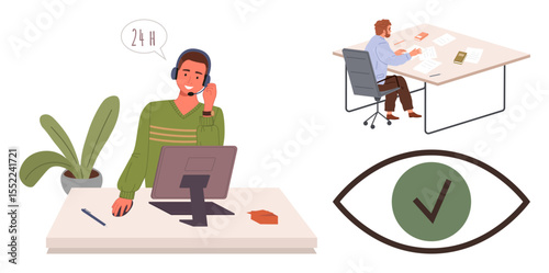 Call center agent multitasking at desk, office employee organizing paperwork, and an eye with checkmark for quality control. Ideal for customer service, productivity, workflow, supervision