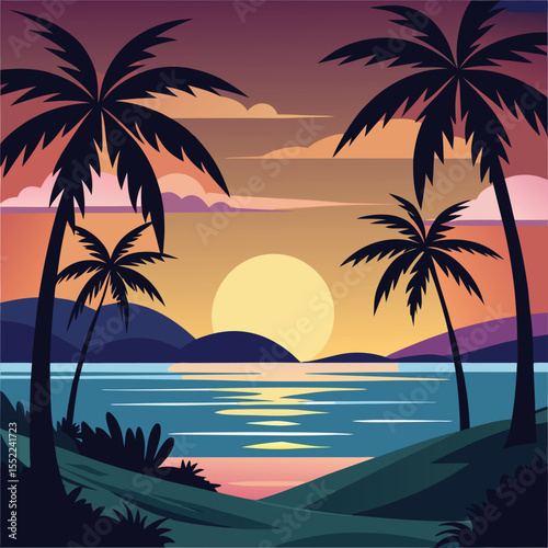A calm tropical scene with the sun setting on the horizon, its light reflecting on the sea, framed by silhouetted palm trees.