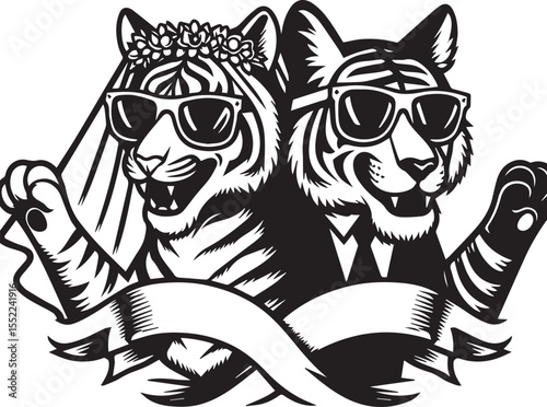 Fox and tiger looking dapper in suits and sunglasses with chain necklaces, stylish animals with an urban look.