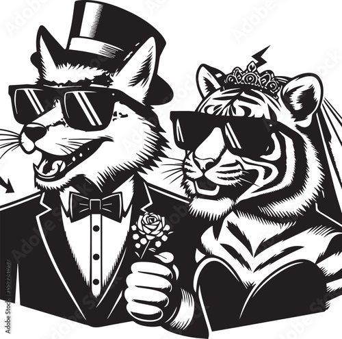 Fox and tiger looking dapper in suits and sunglasses with chain necklaces, stylish animals with an urban look.