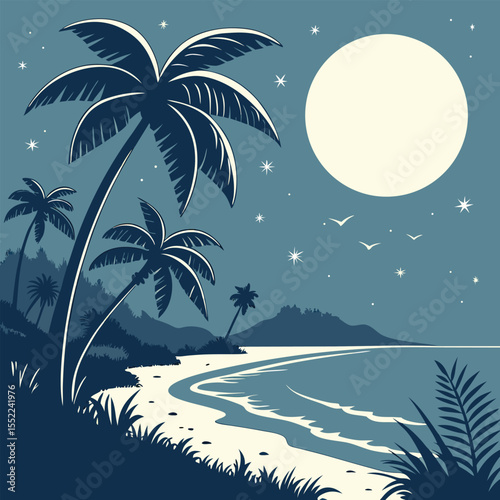 A tropical night scene in the same vector style, but with a large full moon instead of the sun, and stars in a deep blue sky.