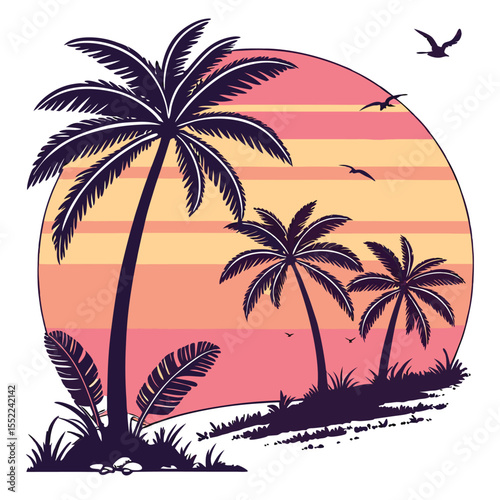 A t-shirt graphic design featuring a bold, stylized sunset with strong black silhouettes of palm trees against a vibrant sky.