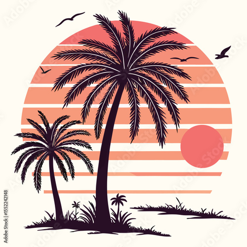 A t-shirt graphic design featuring a bold, stylized sunset with strong black silhouettes of palm trees against a vibrant sky.