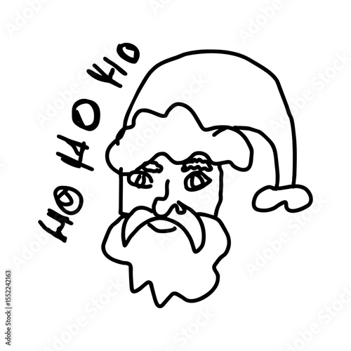Santa Claus face with ho ho ho lettering in bold black doodle style for Christmas design, greeting cards, holiday stickers and festive creative print elements, SVG vector icon
