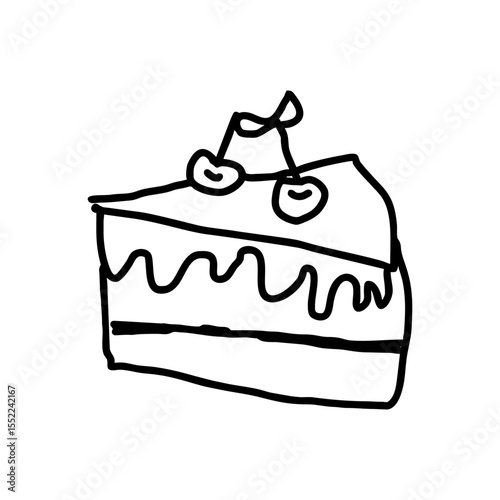 Slice of cherry cake in black doodle style with icing and fruit topping, playful hand-drawn icon for bakery menu, food blog graphics, birthday party decor, SVG vector on white