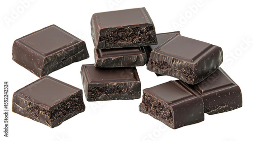 Dark chocolate squares are scattered and piled.