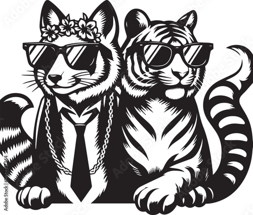 Fox and tiger looking dapper in suits and sunglasses with chain necklaces, stylish animals with an urban look.