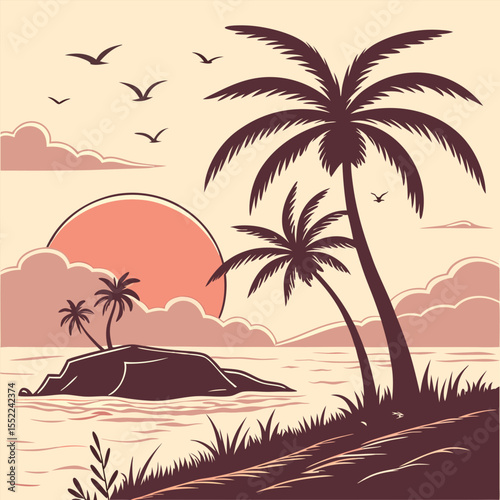 Silhouette of two islands with palm trees at sunrise.