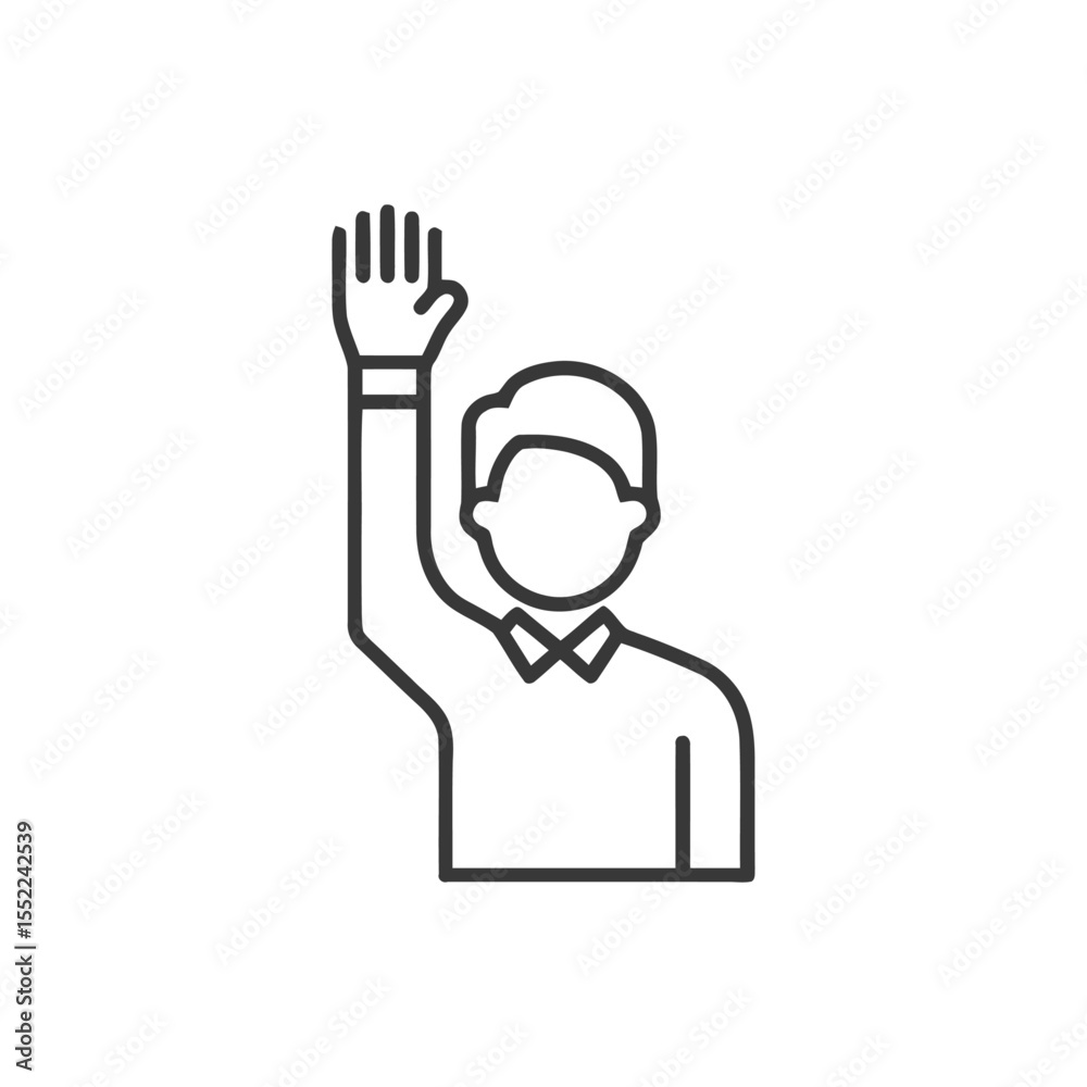 Minimalist Icon: Man Raising Hand, Voting or Volunteering Concept, Line Art Minimalist Icon: Man Raising Hand, Voting or Volunteering Concept, Line Art