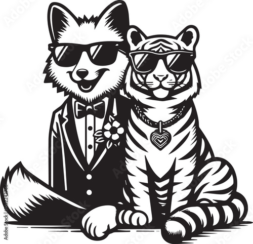 Fox and tiger looking dapper in suits and sunglasses with chain necklaces, stylish animals with an urban look.