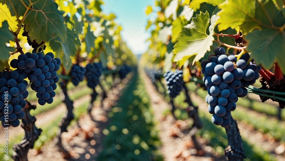 Naklejka premium Rows of vineyard with unripe bunches of grapes close-up in the vineyard