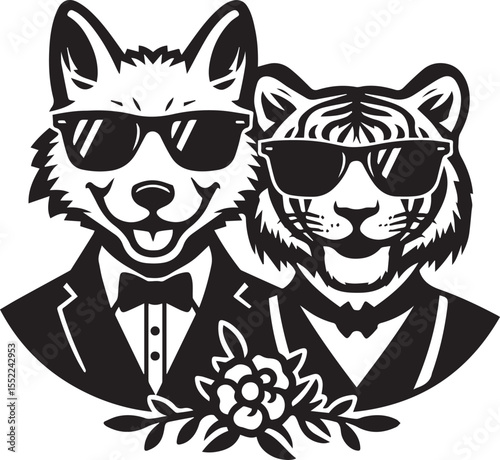 Fox and tiger looking dapper in suits and sunglasses with chain necklaces, stylish animals with an urban look.