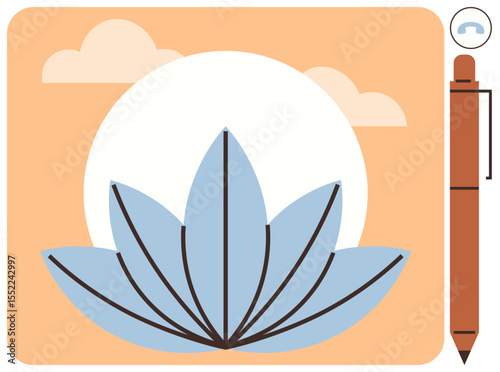 Simplistic blue lotus with soft clouds and bold white circle evokes calm, focus, and creativity. Ideal for wellness, meditation, nature, writing, stationery, branding and simple flat metaphor