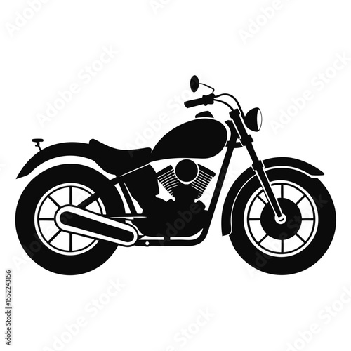 Black Silhouette of a Classic Motorcycle with Detailed Engine and Spoked Wheels
