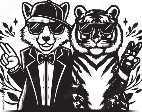 Fox and tiger looking dapper in suits and sunglasses with chain necklaces, stylish animals with an urban look.