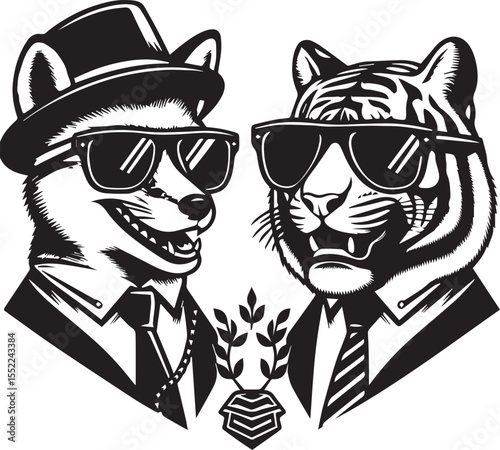 Fox and tiger looking dapper in suits and sunglasses with chain necklaces, stylish animals with an urban look.