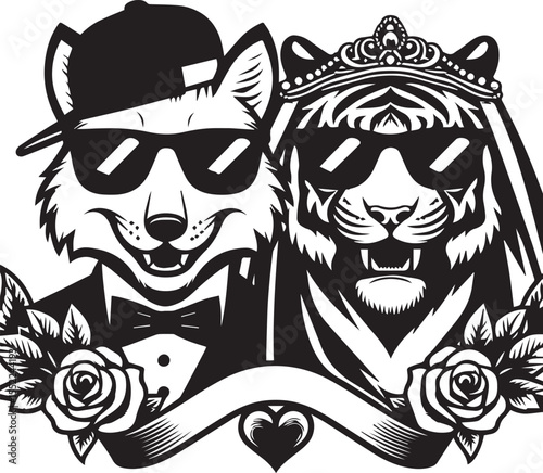 Fox and tiger looking dapper in suits and sunglasses with chain necklaces, stylish animals with an urban look.