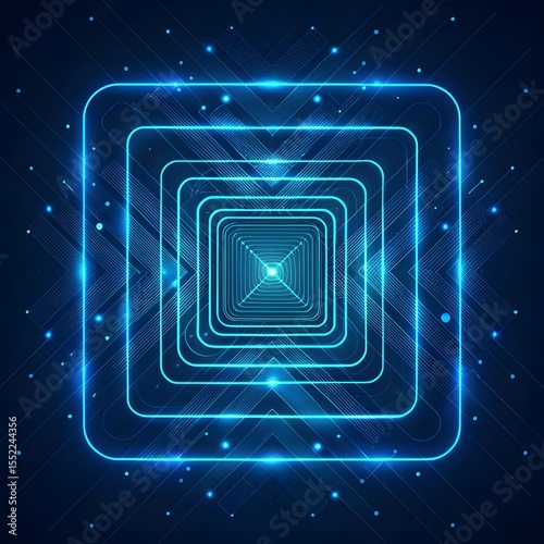 A glowing digital tunnel made of concentric neon squares in a dark, tech-inspired background.