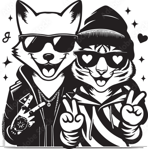 Fox and tiger looking dapper in suits and sunglasses with chain necklaces, stylish animals with an urban look.