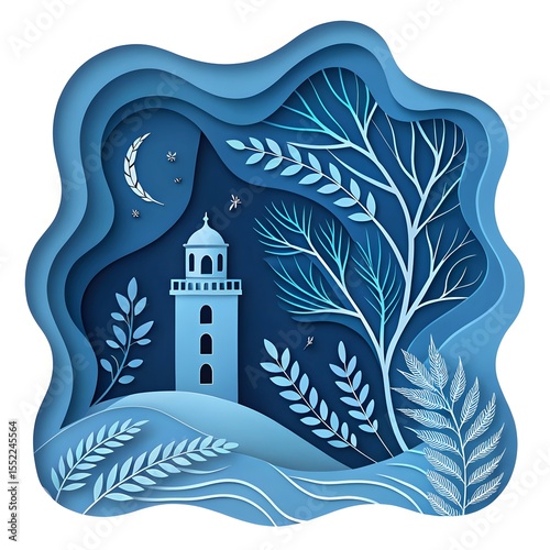 A blue-toned, multi-layered paper cut artwork with abstract floral and leaf patterns.