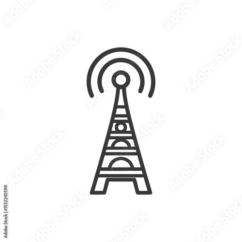 Minimalist Radio Tower Icon with Signal Waves in Black Outline
