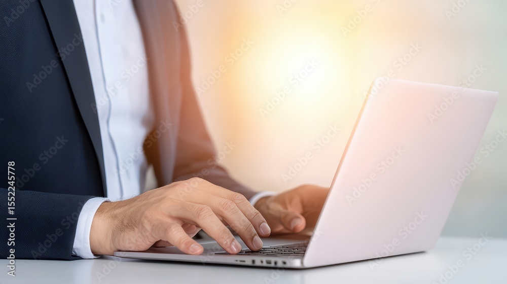 Fototapeta premium Professional Businessman Typing on Laptop for Work in Modern Office Environment with Warm Light Effect