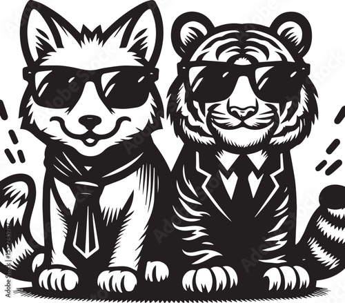 Fox and tiger looking dapper in suits and sunglasses with chain necklaces, stylish animals with an urban look.