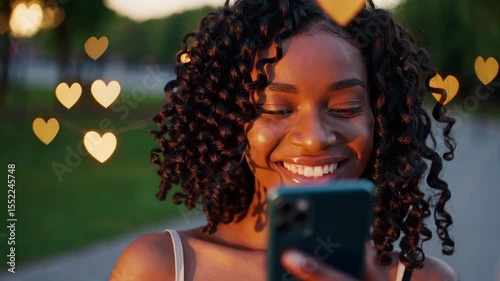 Happy African American woman smiling while looking at her smartphone, with glowing heart emojis floating around, symbolizing online connection and social media joy