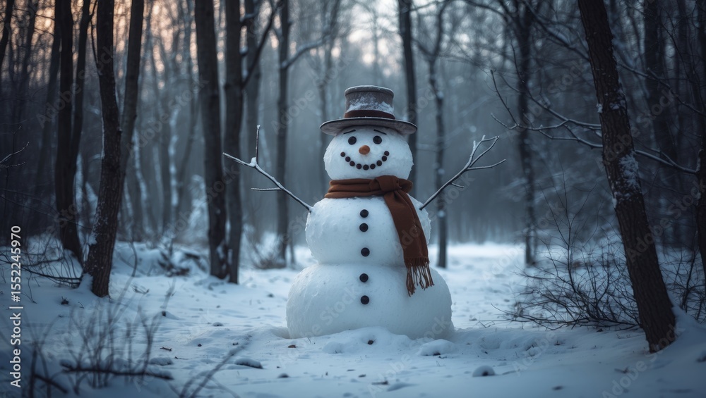 Obraz premium A strange snowman in the winter forest with a hat, scarf, and twig arms.