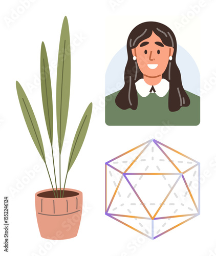 Female portrait, abstract 3D geometric shape, potted plant with tall green leaves. Ideal for creativity, education, design, self-expression, nature minimalism art. Simple flat metaphor