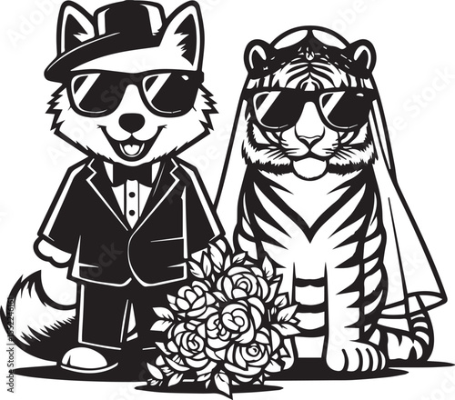 Fox and tiger looking dapper in suits and sunglasses with chain necklaces, stylish animals with an urban look.