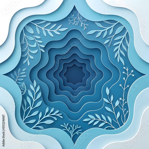A blue-toned, multi-layered paper cut artwork with abstract floral and leaf patterns.