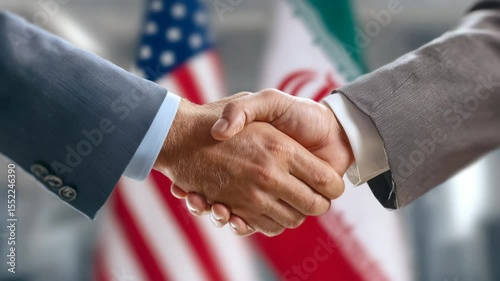 Diplomatic handshake between american and iranian representatives with blurred flags