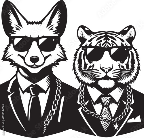 Fox and tiger looking dapper in suits and sunglasses with chain necklaces, stylish animals with an urban look.