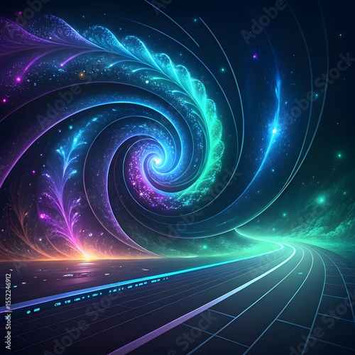 Futuristic sci-fi landscape with neon-lit roads, swirling energy fields, and planets in a glowing space sky.











