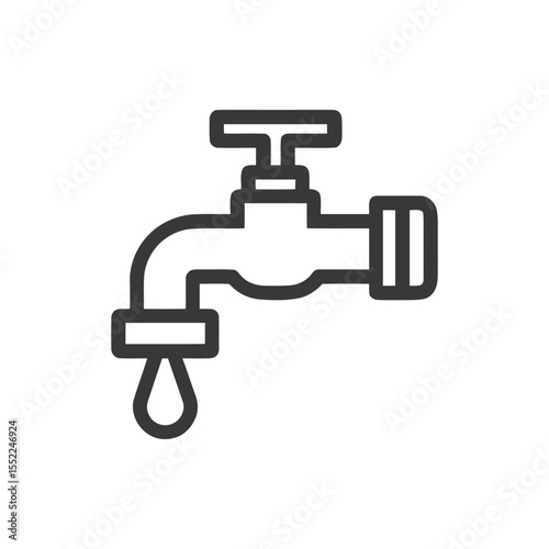 Minimalist Faucet Icon with Dripping Water, Black Outline on White Background