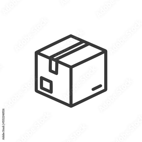 Minimalist Outline of a Cardboard Box, Isometric View, White Background
