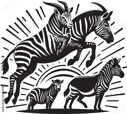 Bold emblem features a zebra, antelope, and sun with smiling face in black and white for logo and graphic designs.