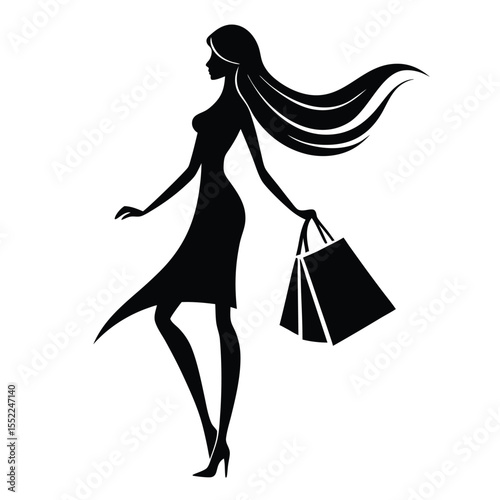 Stylish silhouette of an elegant woman confidently walking with shopping bags, representing fashion, retail, and consumer lifestyle choices, perfect for design elements