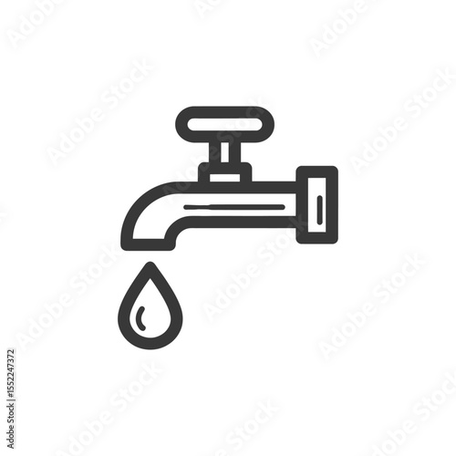 Minimalist Water Faucet Icon with Dripping Water Drop on White Background