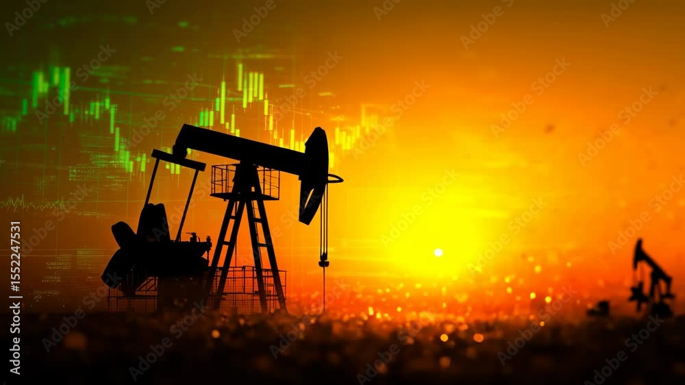 Futuristic petrol pump silhouette with holographic financial charts at sunset